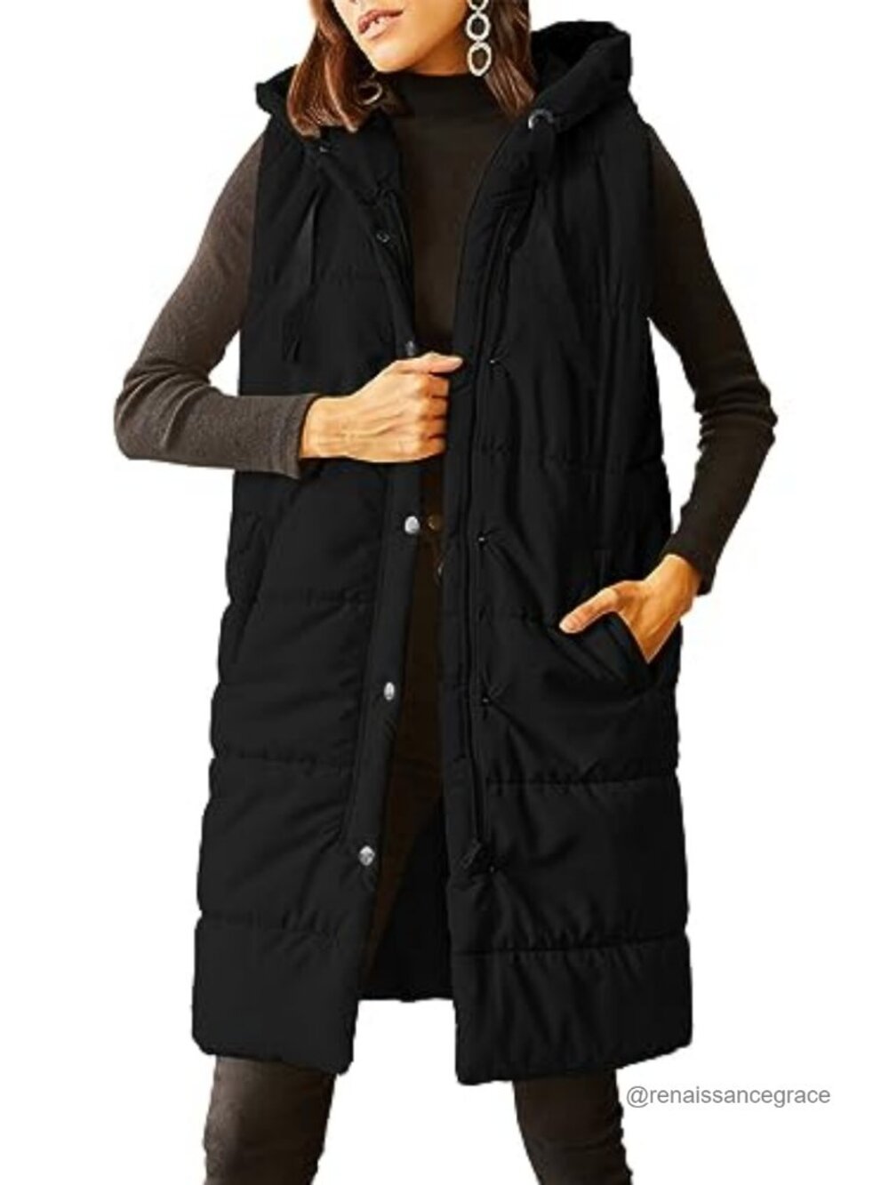 Quilted Puffer Vest Sleeveless Hooded Button Down Long Winter Outerwear
